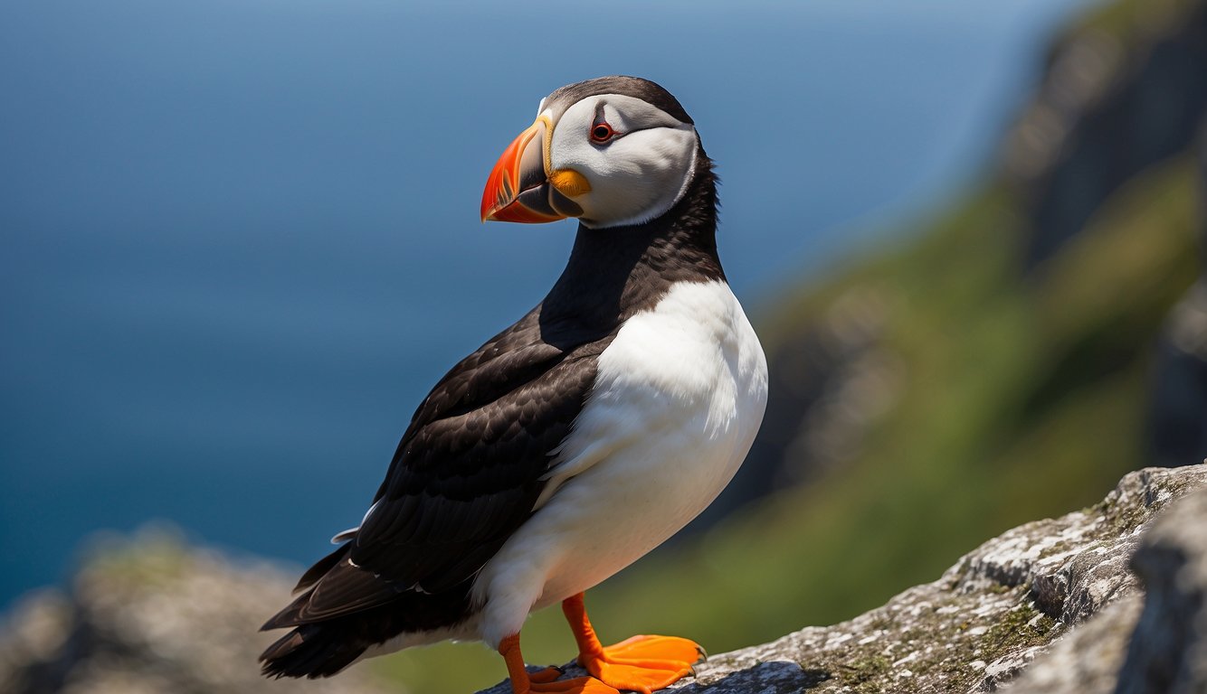 A puffin perched on a rocky cliff, its vibrant orange beak and white face standing out against the blue ocean backdrop