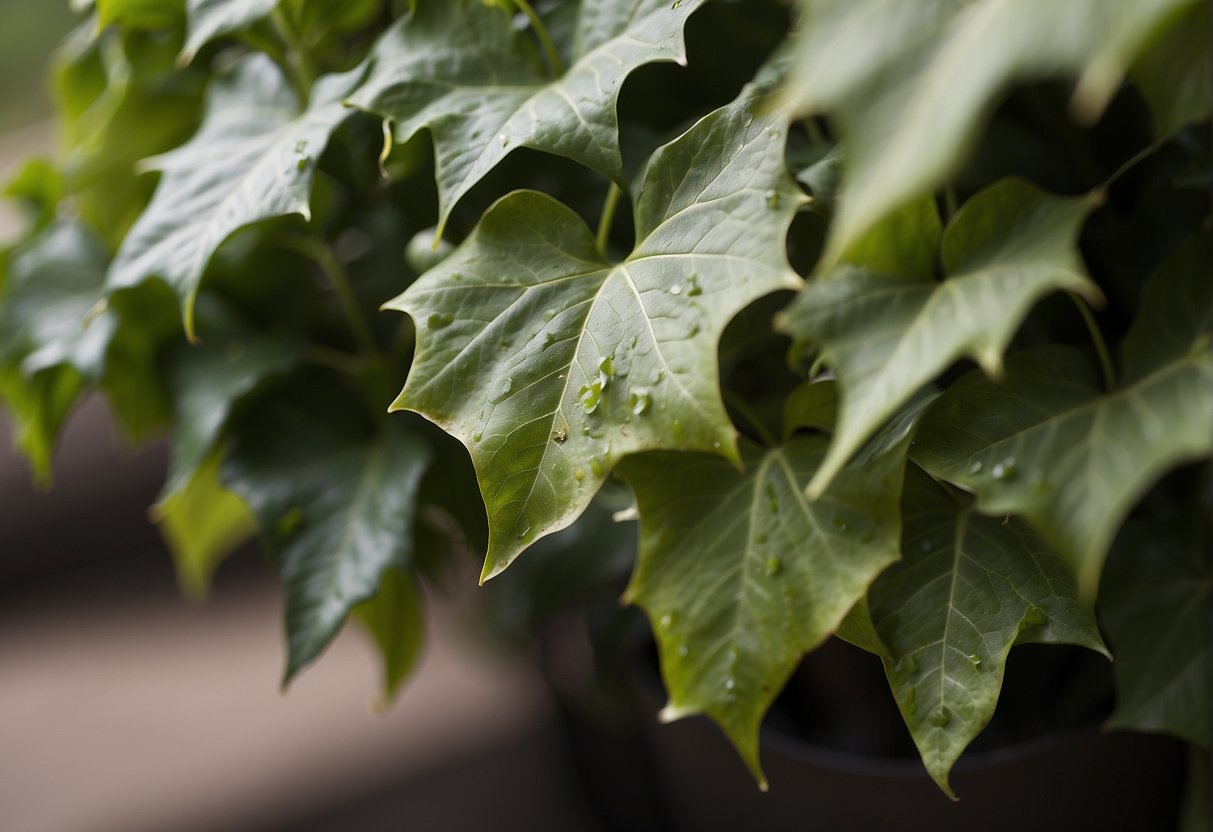 Outdoor English ivy wilting, leaves turning brown. Visible signs of disease, such as powdery mildew or leaf spot