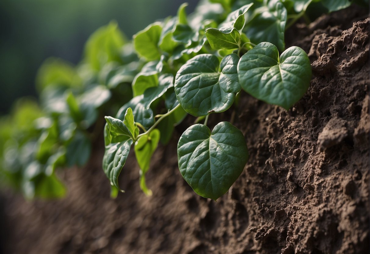 Lush green ivy wilting in dry, nutrient-deprived soil