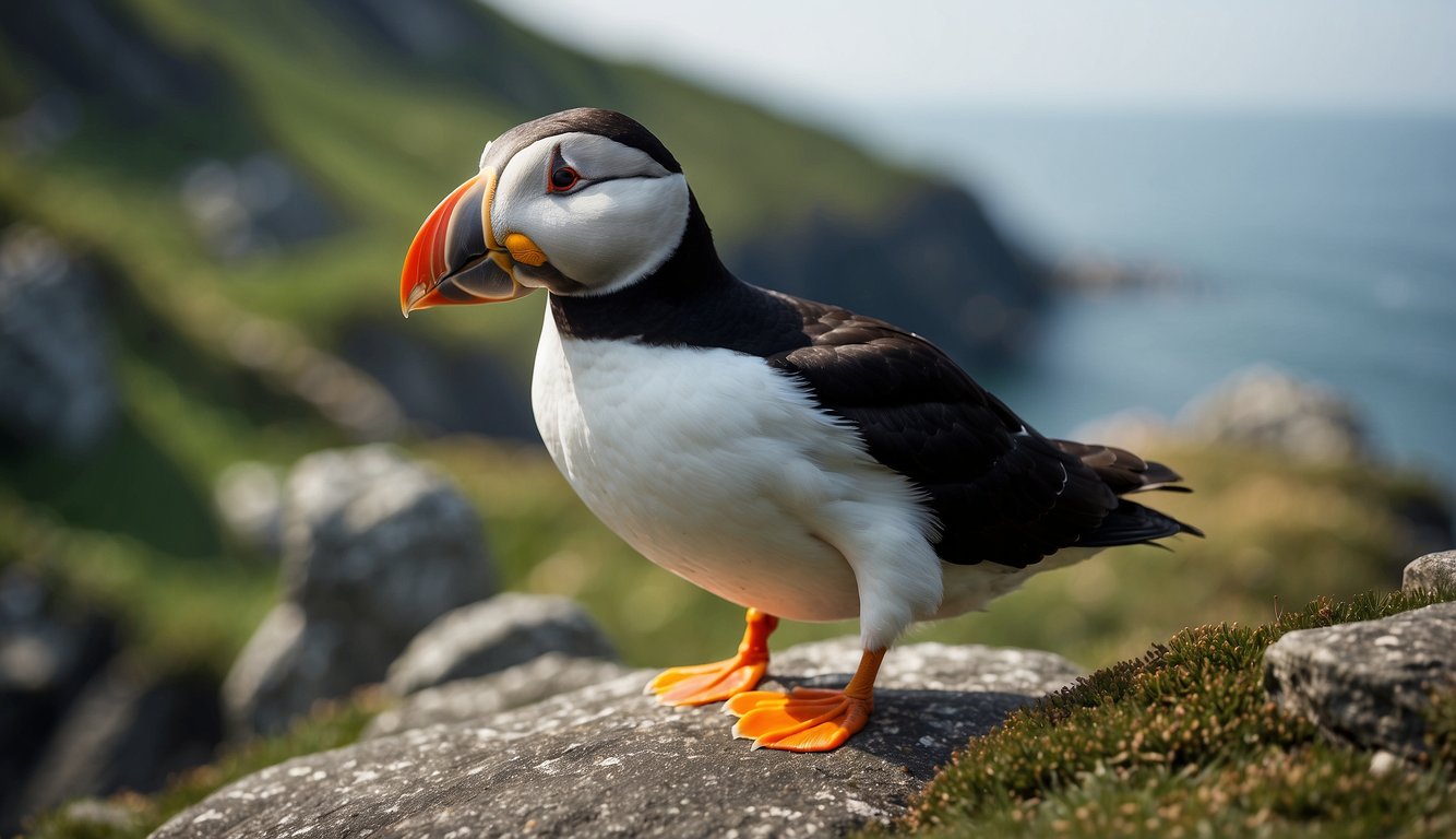 A puffin waddles on a rocky cliff, flapping its wings and squawking.

It balances a fish in its colorful beak, surrounded by other puffins