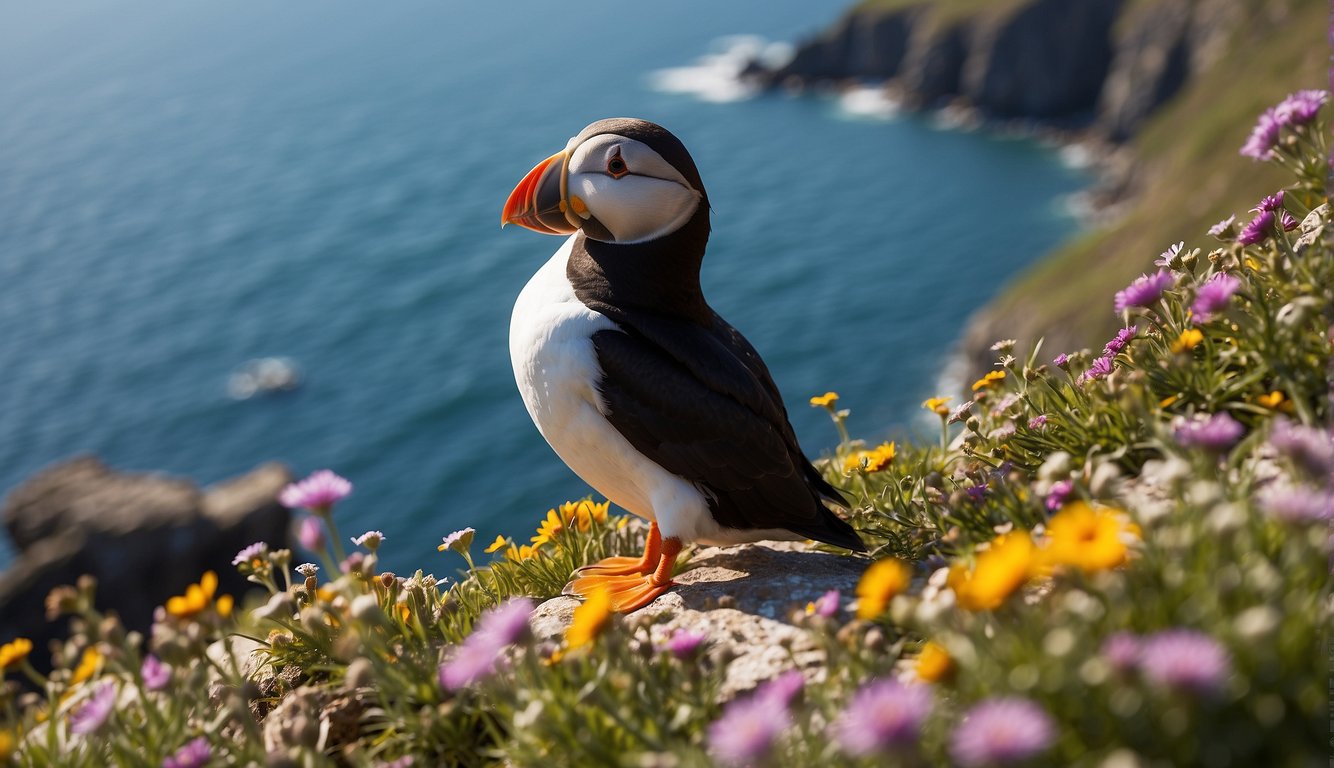 A puffin perched on a rocky cliff, surrounded by vibrant wildflowers and overlooking the ocean.

The bird's colorful beak and distinctive markings are highlighted in the sunlight