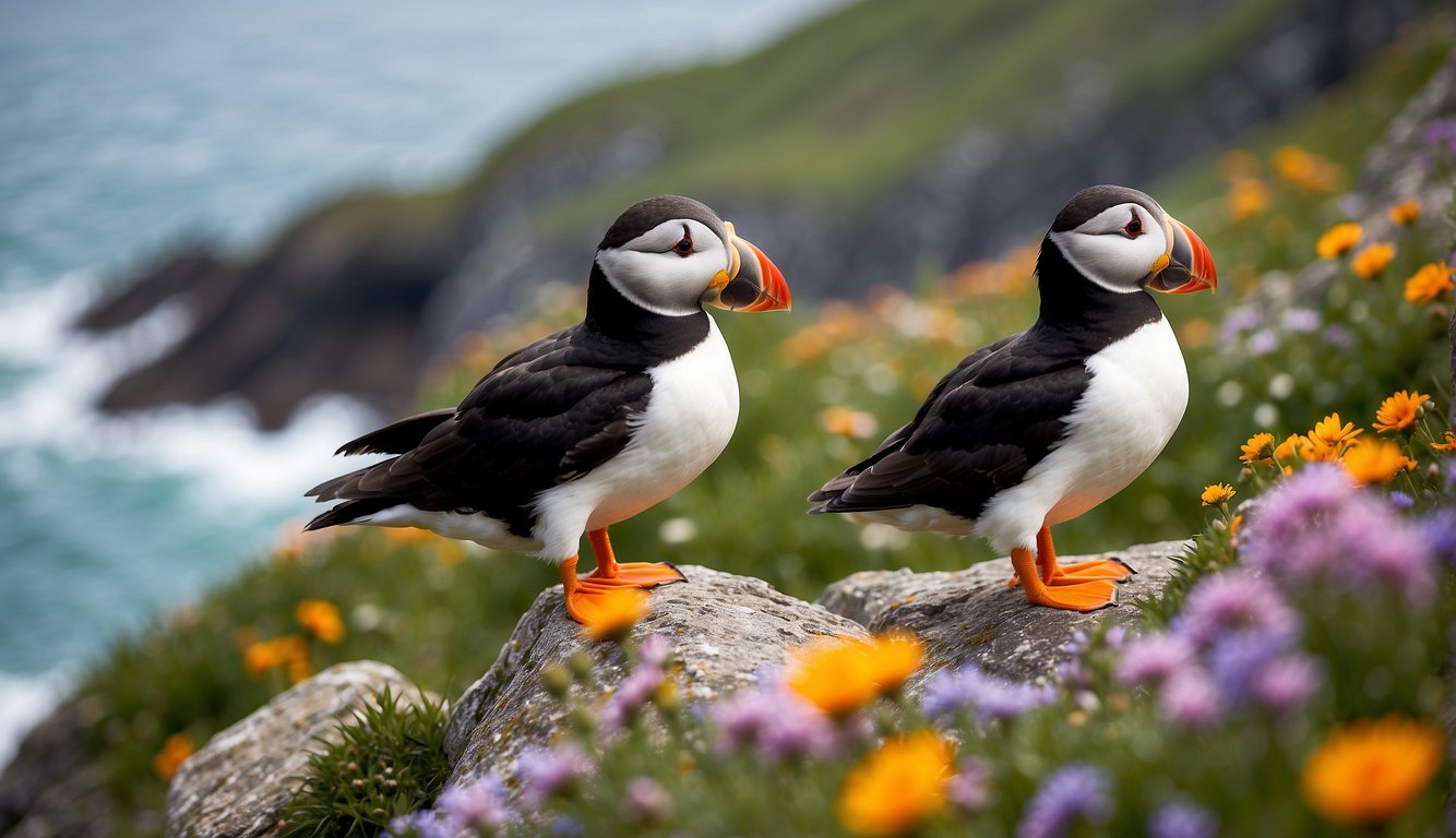 A puffin with vibrant orange beak stands on a rocky cliff, surrounded by colorful wildflowers and the crashing waves of the ocean