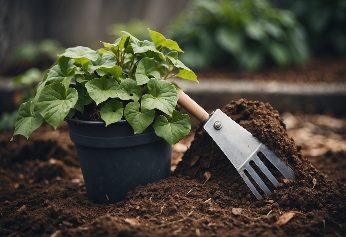 An outdoor English ivy wilting in a pot, soil crumbling. A pair of gardening gloves and a trowel nearby