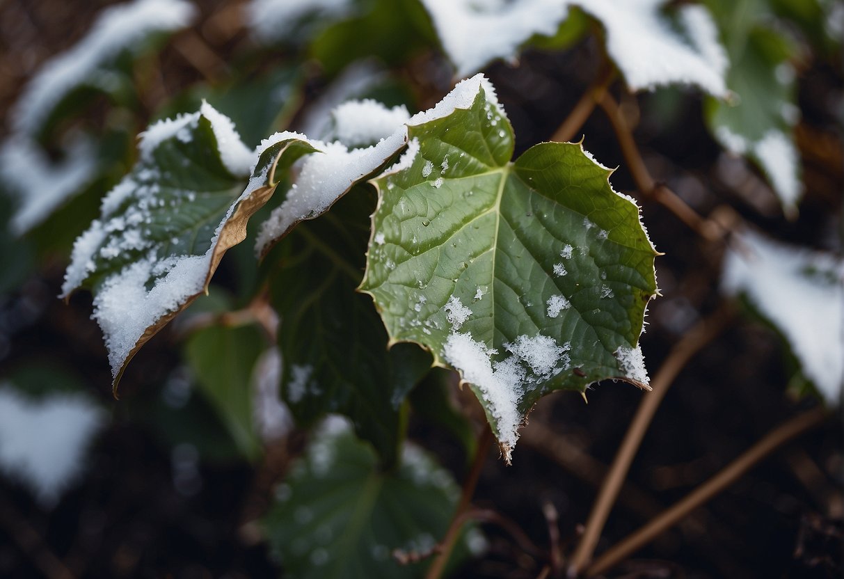 Snow-covered outdoor English ivy with wilted leaves and brown spots, surrounded by frost-damaged foliage and dry soil