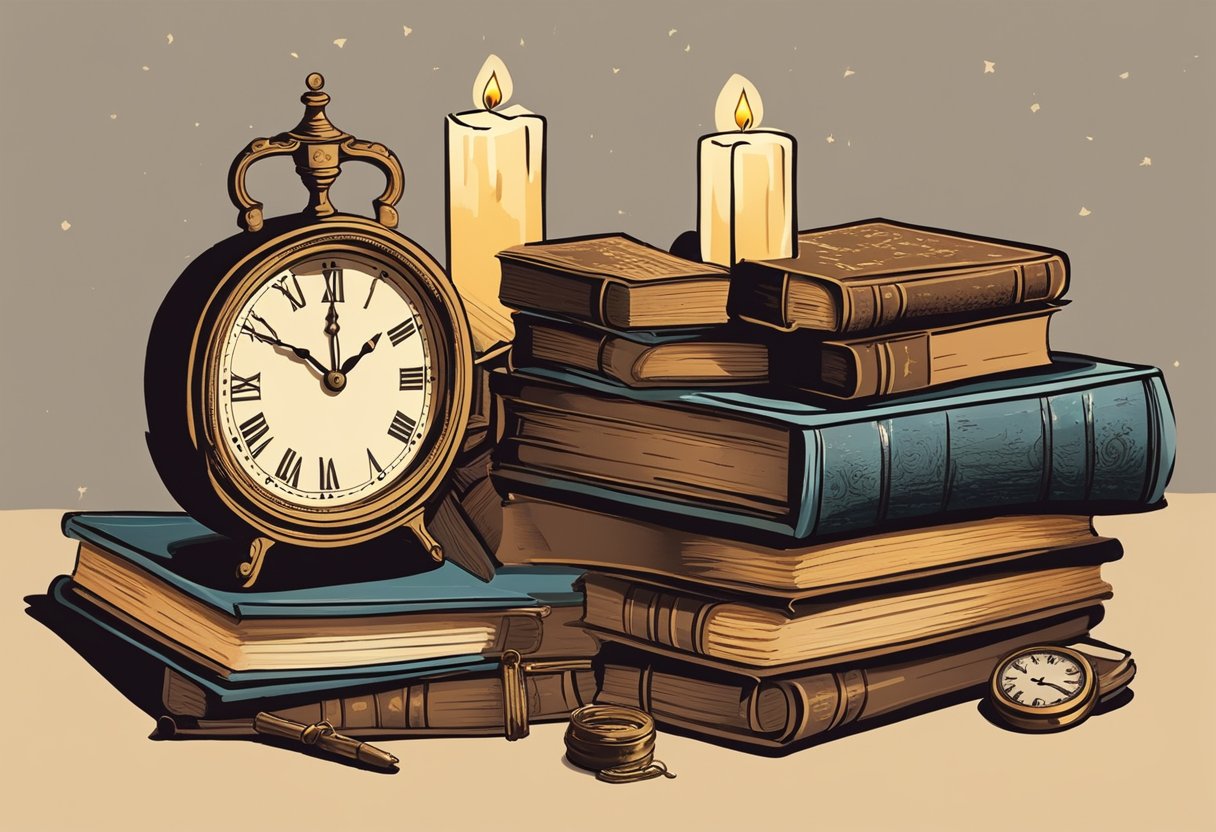 A stack of aged books, a weathered clock, and a fading photograph on a dusty desk. A single candle flickers, casting a warm glow on the nostalgic items