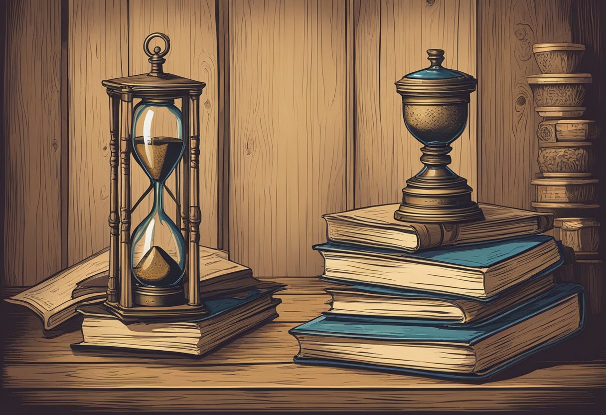 A stack of aged books, a fading calendar, and a weathered hourglass sit on a worn wooden desk, symbolizing the passage of time and the process of getting older