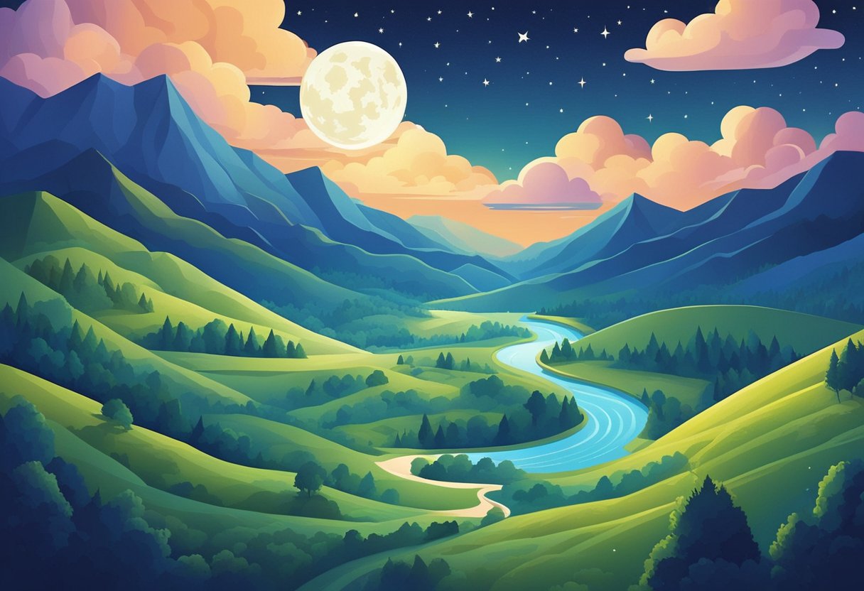 A starry sky with a crescent moon, casting a soft glow over a tranquil landscape of rolling hills and a winding river