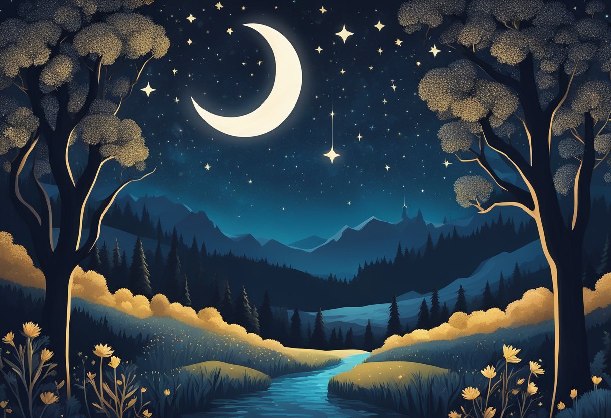 A starry night sky with a crescent moon hanging low, casting a soft glow over a tranquil landscape. The silhouettes of trees stand tall against the dark backdrop, while twinkling stars dot the heavens above