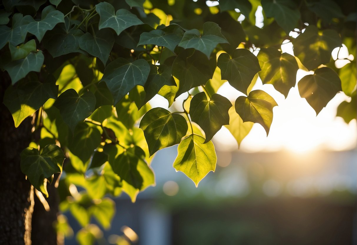 Outdoor ivy bathed in sunlight, leaves browning