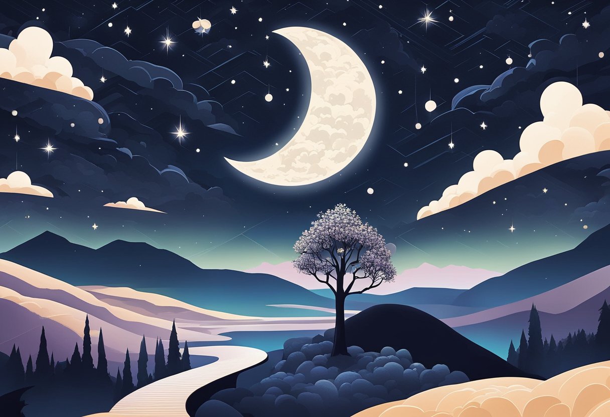 A starry night sky with a crescent moon, casting a soft glow on a peaceful landscape. A lone tree stands silhouetted against the night, while distant city lights twinkle in the darkness