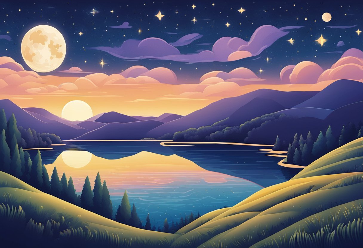 A starry night sky with a full moon casting a soft glow over a tranquil landscape of rolling hills and a serene lake