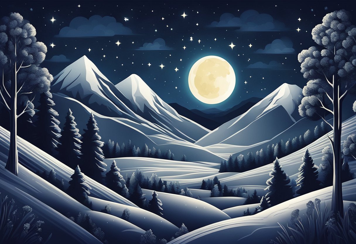 A dark, starry night sky with a full moon shining brightly, casting a soft glow over a serene landscape of rolling hills and tall trees