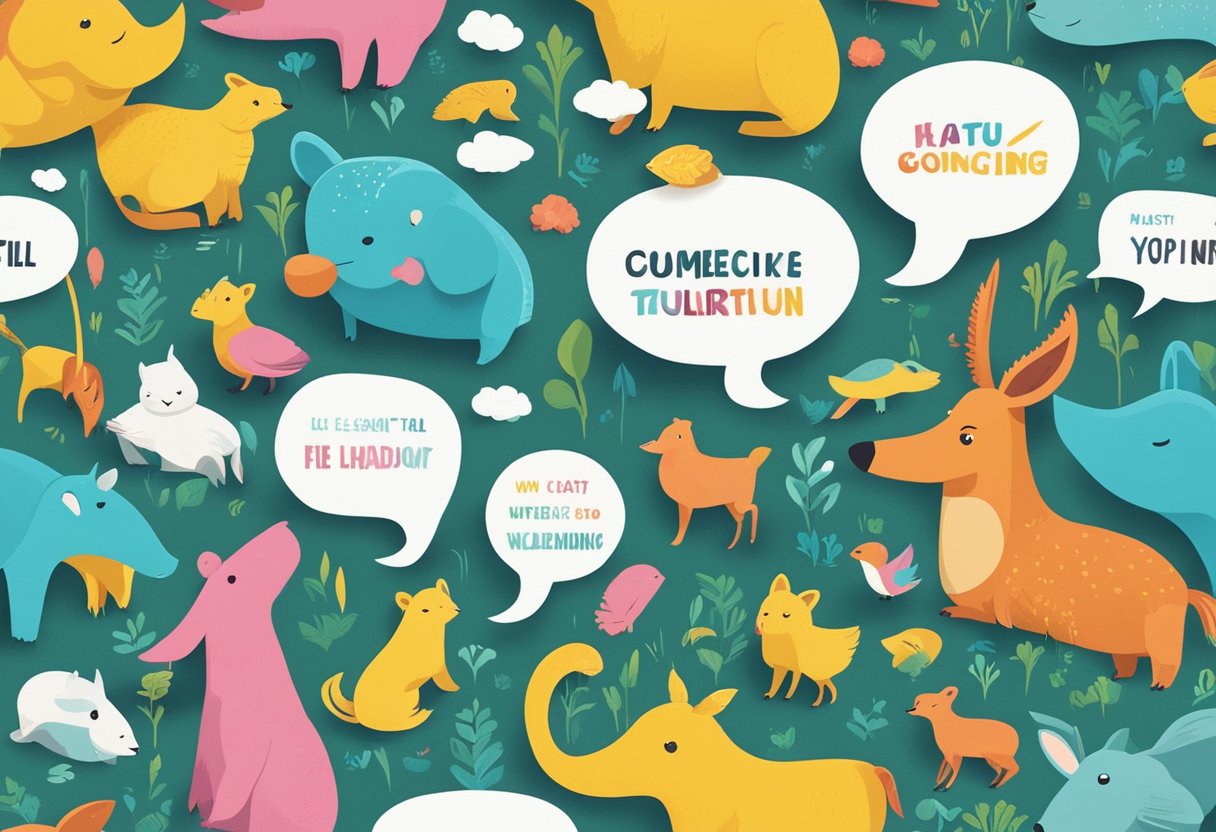 Colorful speech bubbles with sarcastic phrases floating above a group of gossiping animals