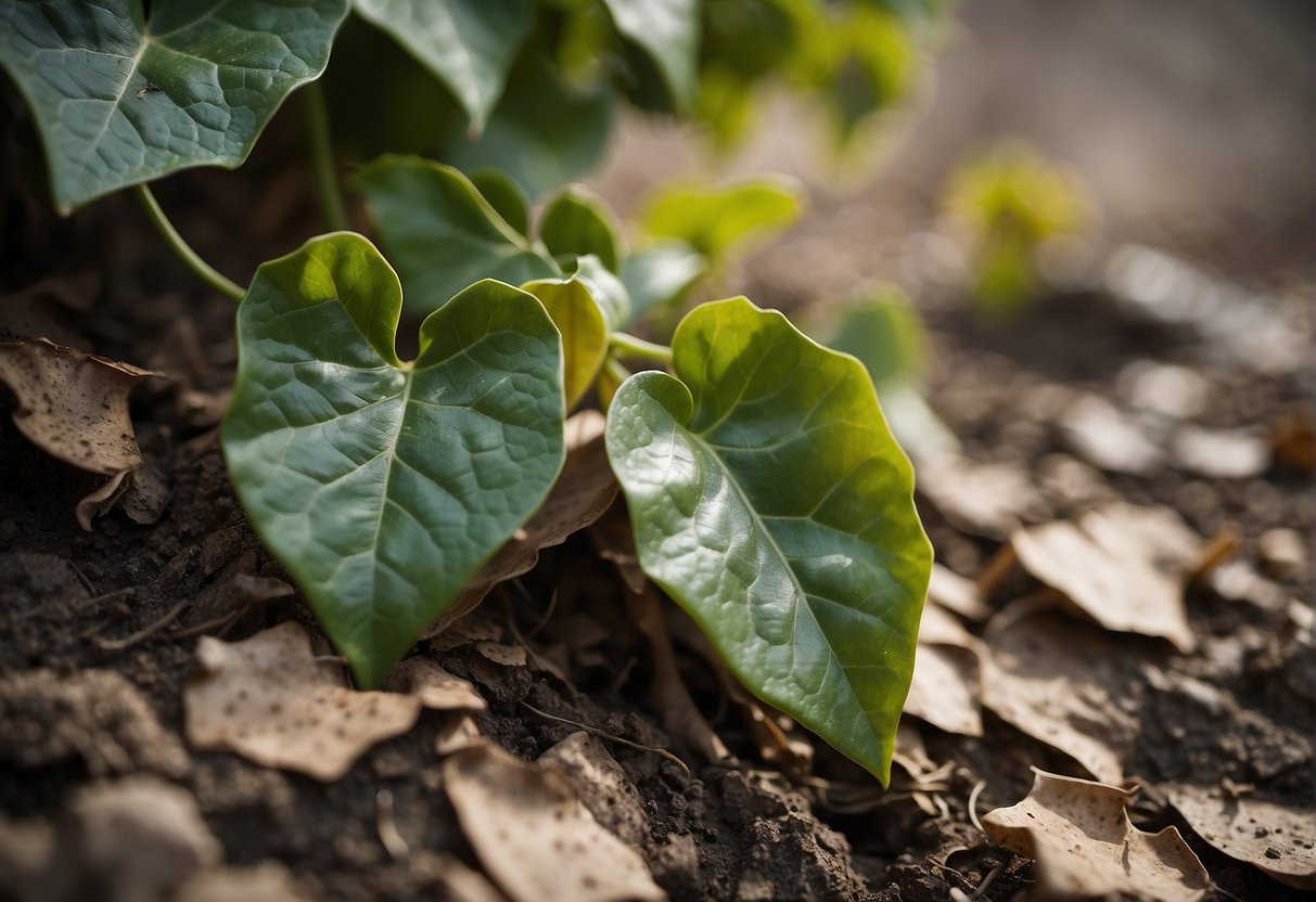 The outdoor ivy is surrounded by dry, cracked soil. The leaves are wilting and turning brown due to the lack of moisture in the ground