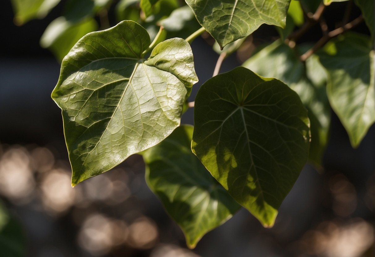 Outdoor ivy wilting, leaves turning brown. Fertilizer nearby, labeled "improper."