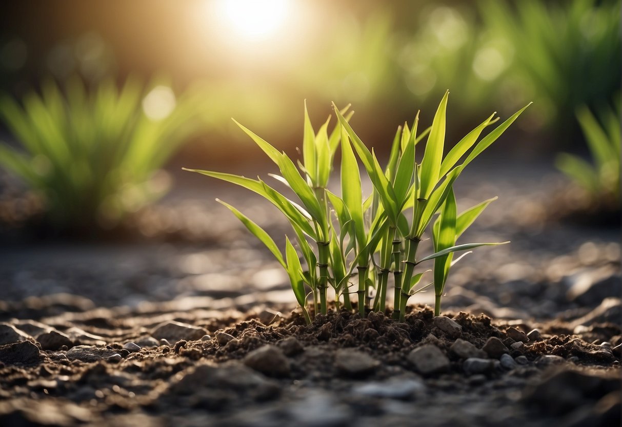 A healthy outdoor bamboo plant wilting in the sun, surrounded by dry, cracked soil and lacking water