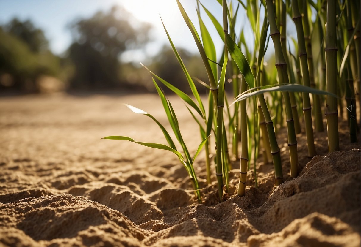 Limp outdoor bamboo droops in dry soil, under a scorching sun