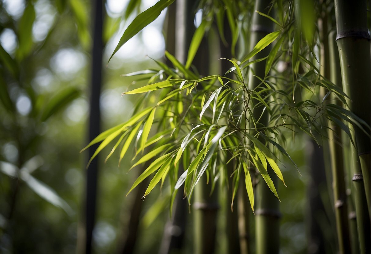 Outdoor bamboo wilting, surrounded by pest-infested leaves. Signs of insect damage evident