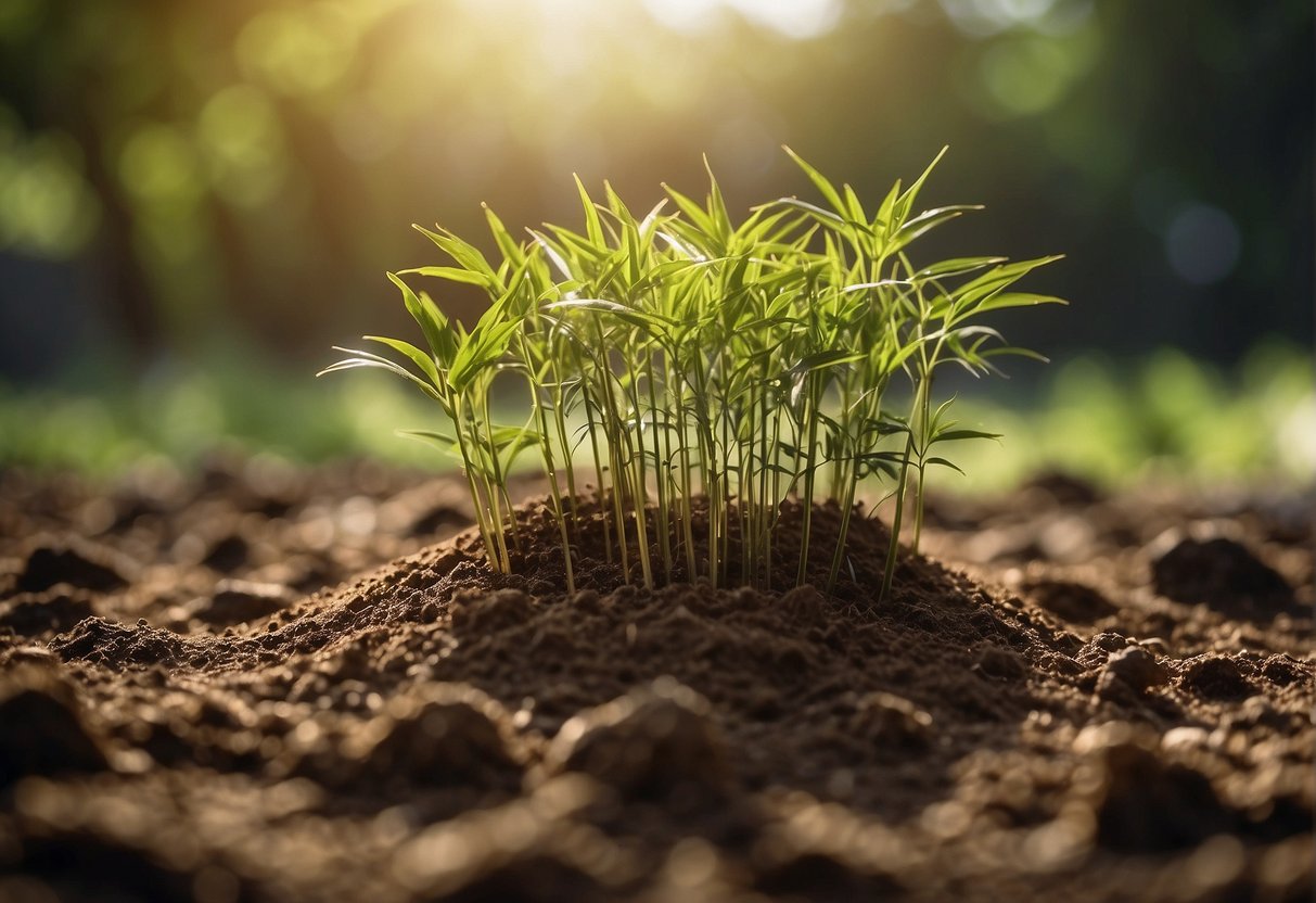 The outdoor bamboo droops in dry, compacted soil. Surrounding plants thrive in fertile, well-drained earth