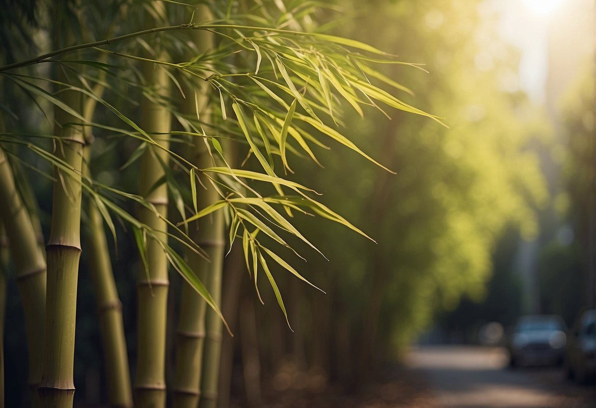 Outdoor bamboo wilting under scorching sun and dry winds. Leaves turning brown and brittle. Soil parched and cracked