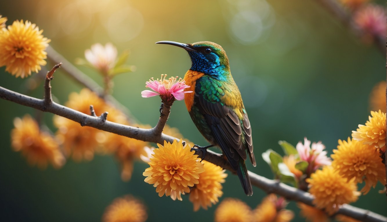 A sunbird perches on a blossoming branch, its iridescent plumage shimmering in the sunlight, displaying an array of vibrant colors like nature's living jewels