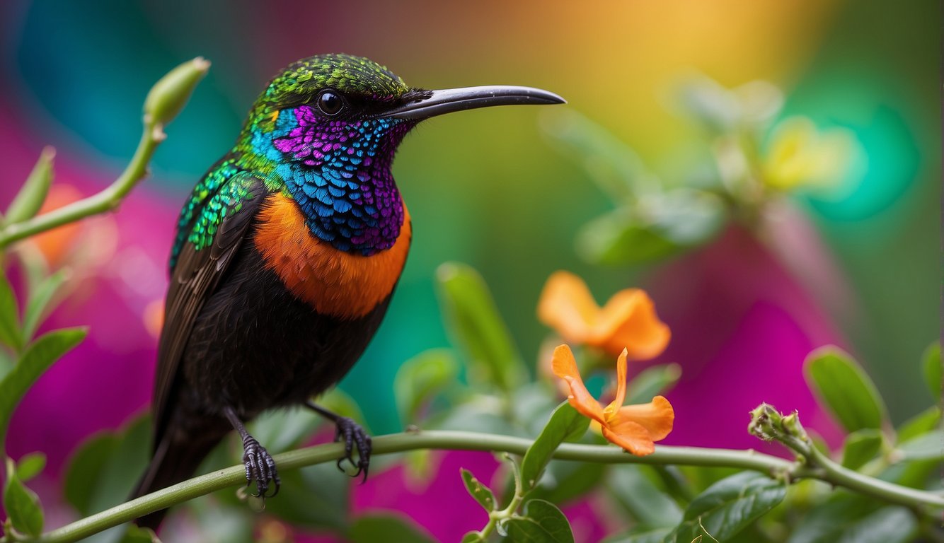 A vibrant sunbird with shimmering feathers in a kaleidoscope of colors, resembling nature's living jewels