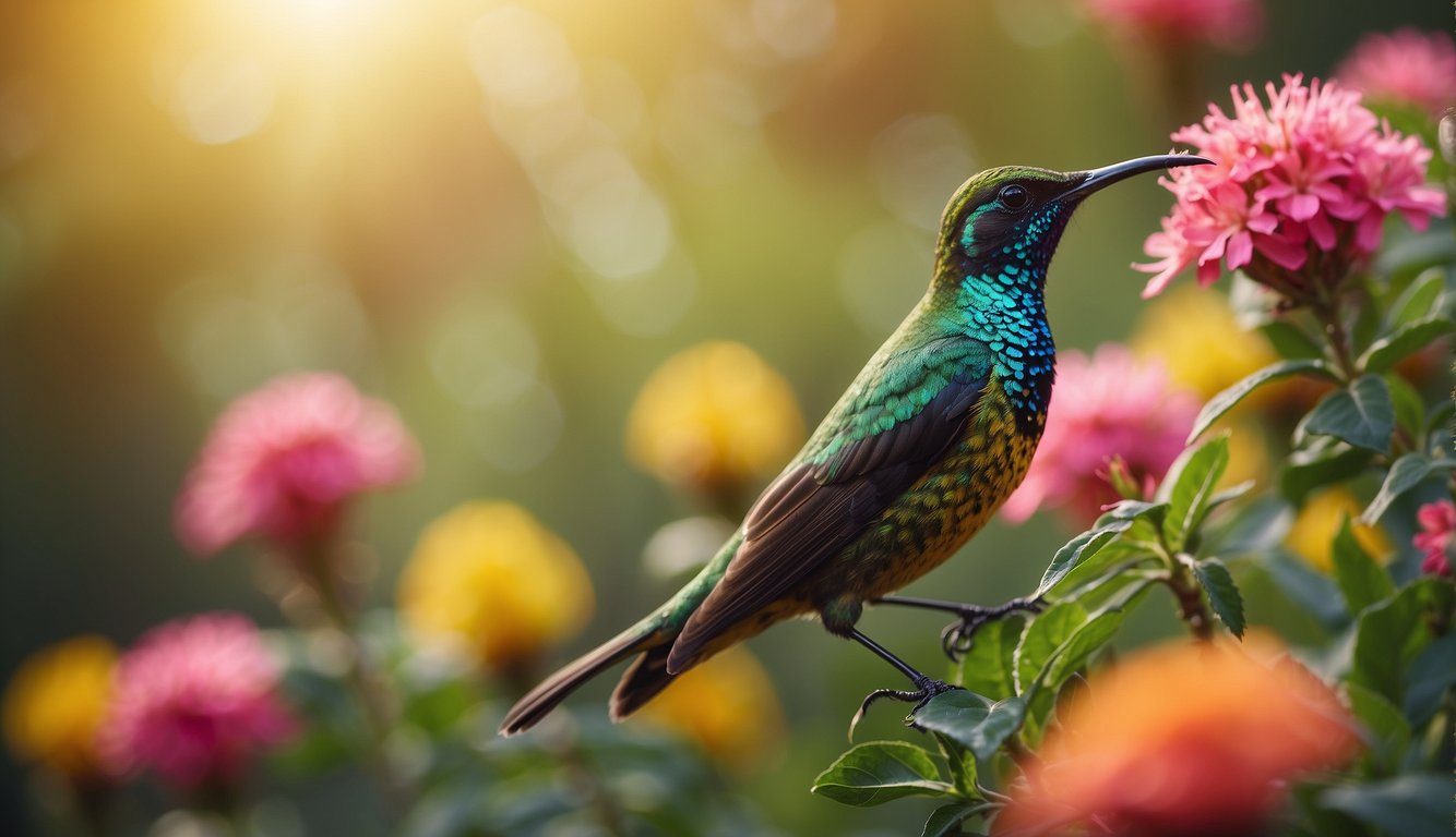A sunbird hovers near a vibrant flower, its iridescent plumage shimmering in the sunlight.

The lush foliage and bright blooms create a colorful backdrop for the tiny bird