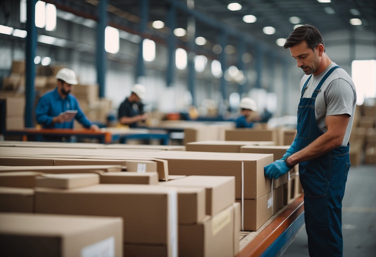 Machinery assembling outdoor furniture in a large factory. Workers packaging finished products. Raw materials stacked in a warehouse