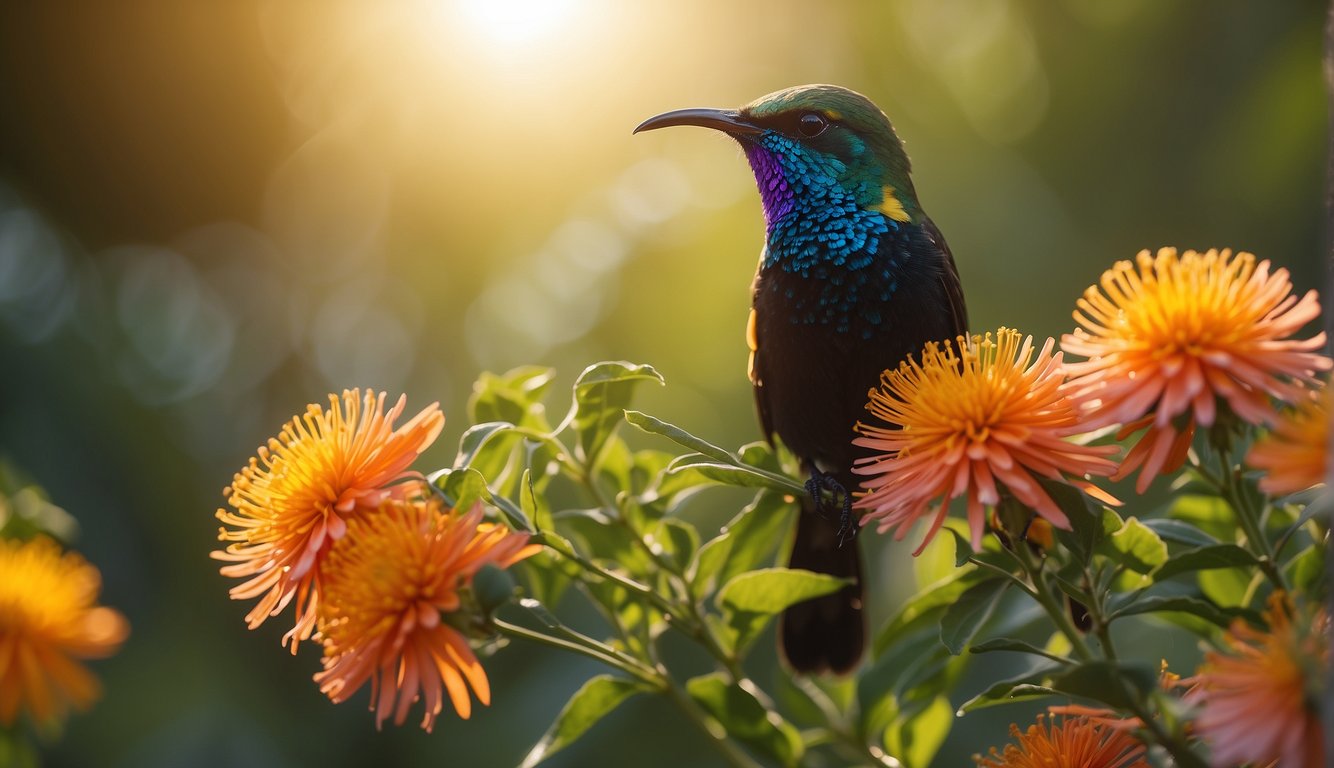 A sunbird perched on a vibrant flower, its iridescent plumage glowing in the sunlight.

Surrounding vegetation shows signs of conservation efforts