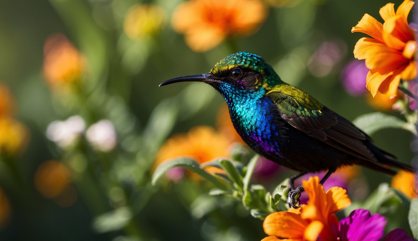 A sunbird perches on a vibrant flower, its iridescent plumage shimmering in the sunlight.

The bird's feathers reflect a rainbow of colors, creating a dazzling display of nature's living jewels
