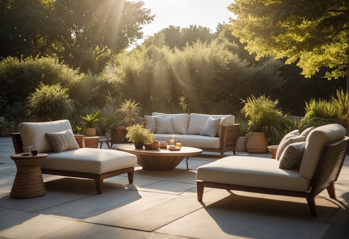 A luxurious outdoor furniture set sits on a spacious patio, surrounded by lush greenery and bathed in warm sunlight, showcasing its durability and timeless design