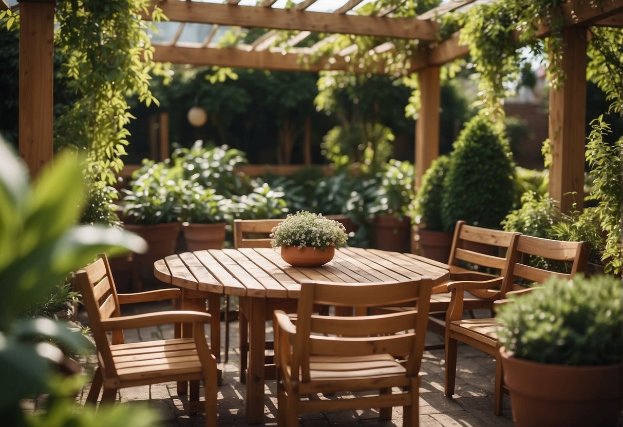 A wooden outdoor table and chairs sit under a pergola, surrounded by potted plants. The furniture is well-maintained, with no signs of wear or damage