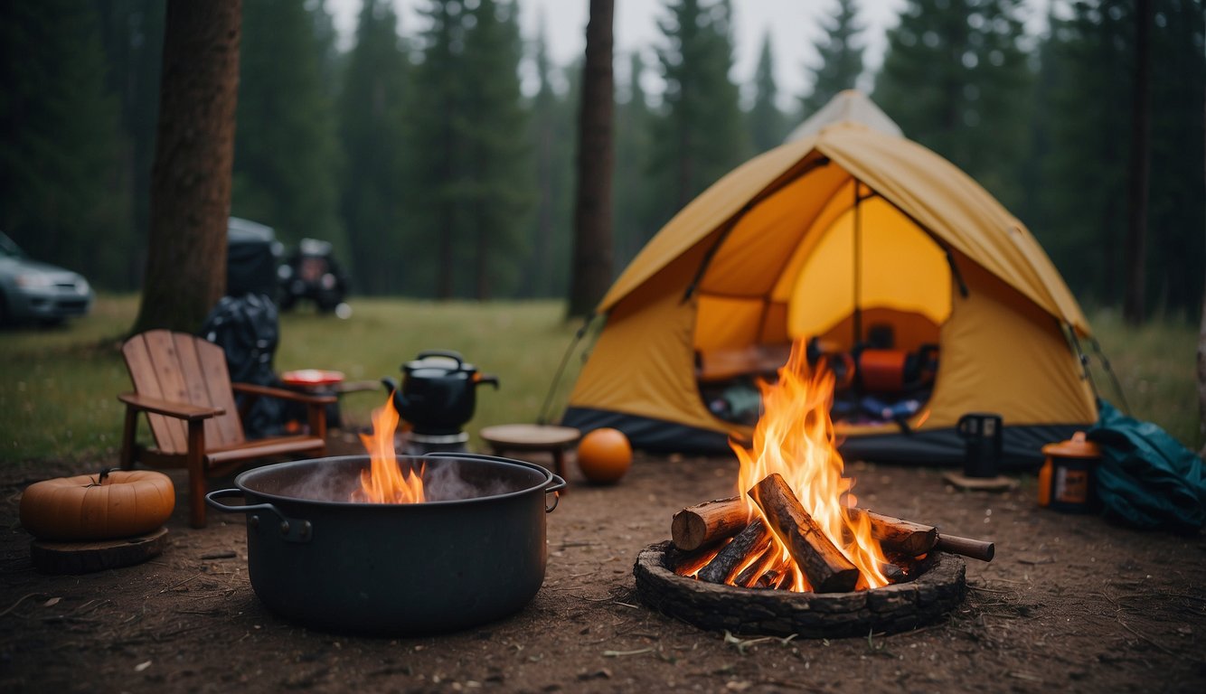 A campsite with a tent, backpack, and various rain gear laid out: waterproof jacket, pants, boots, and a hat. A small fire pit with logs and a kettle