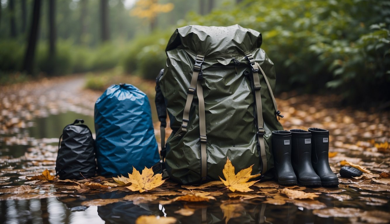 Rain gear laid out: waterproof jacket, pants, and boots. Backpack with rain cover, waterproof tent, and sleeping bag. Wet leaves and puddles in the background