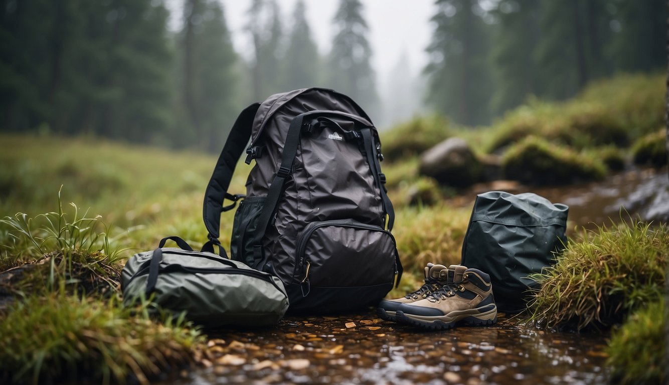 A backpack open on the ground, with a waterproof jacket, pants, and boots spilling out, alongside a compact and durable rain cover for a camping backpack