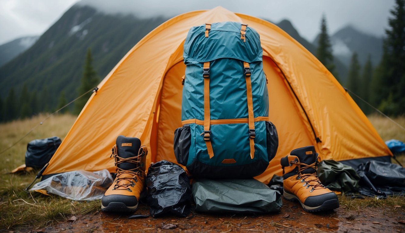 A camping scene with a tent surrounded by rain gear items such as waterproof jackets, pants, boots, and a backpack. The items are neatly arranged on the ground, with raindrops falling from the sky