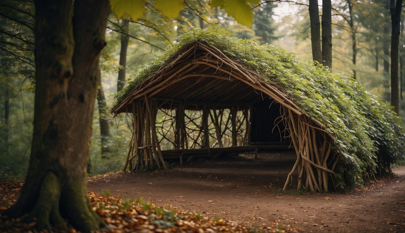 A simple shelter made of branches and leaves, evolving into a sturdy structure with a sloped roof and waterproof materials