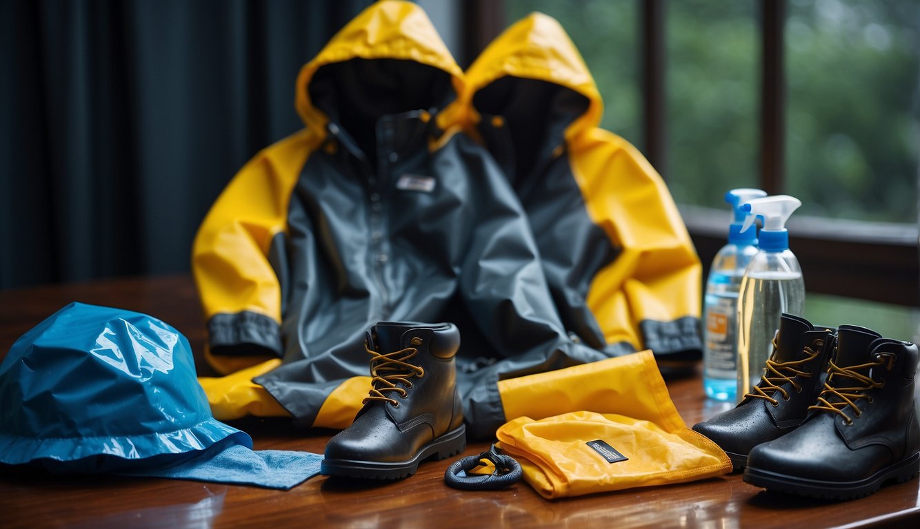 Rain gear laid out on a table, including a waterproof jacket, pants, and boots. A bottle of waterproofing spray and a cloth for cleaning are also present