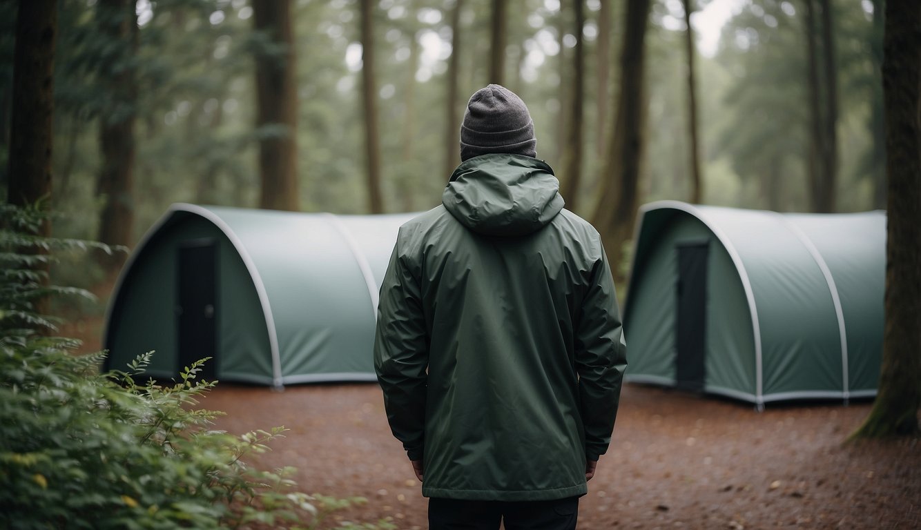 A person is comparing different types of shelters, from basic to advanced rain protection, in a wooded area