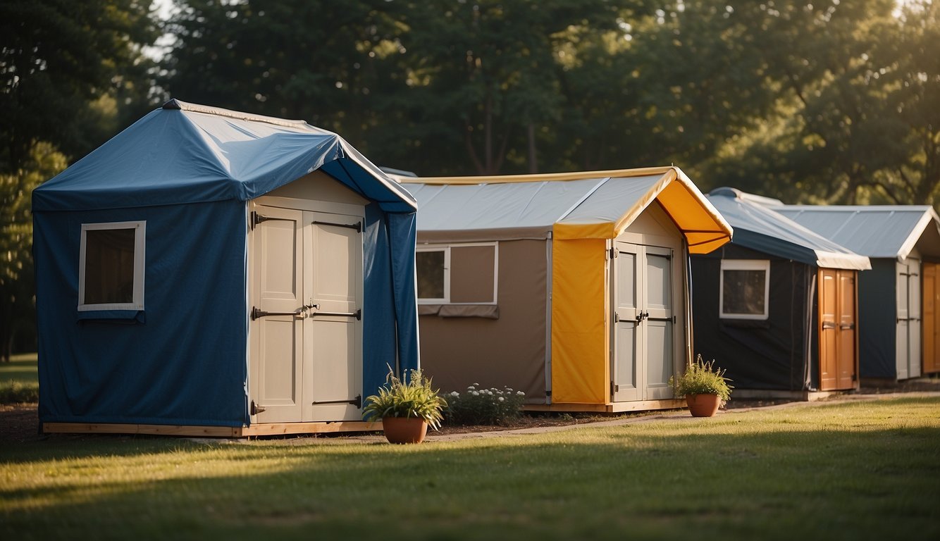 A progression of shelters, from basic to advanced, with materials such as wood, tarp, and metal roofing, arranged in a clear and organized manner