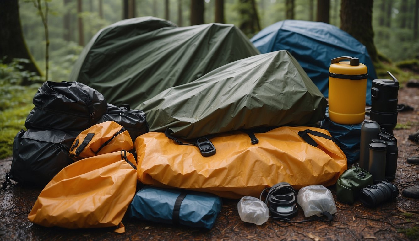 A table with various rain gear items laid out, including rain jackets, waterproof pants, and sturdy boots. A backpack and camping tent are nearby, suggesting the gear is being selected for different camping scenarios