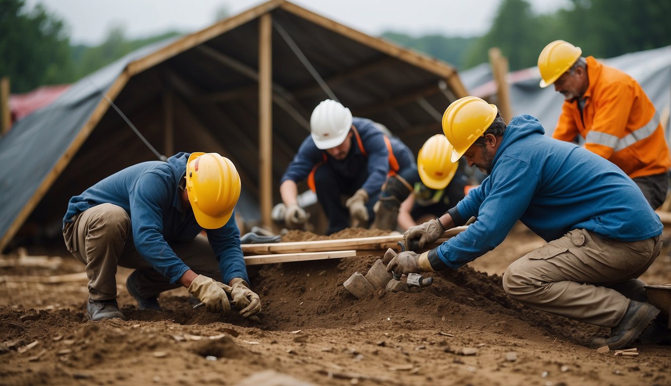 A team of workers construct a variety of shelters, from simple lean-tos to complex rainproof structures, using various materials and tools