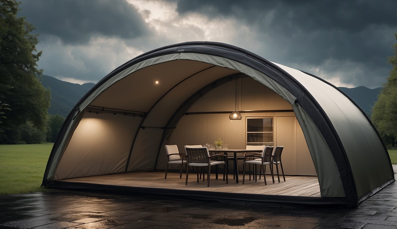 A sturdy, waterproof shelter with advanced rain protection features, such as a pitched roof and sealed seams, stands against a stormy backdrop