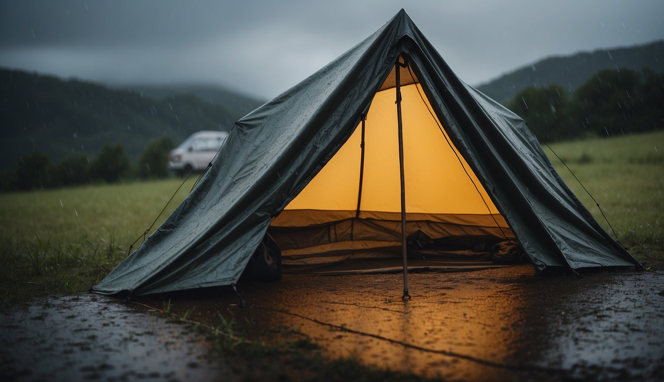 A sturdy tent stands against a storm, raindrops bouncing off its waterproof fabric, while a tarp is tied securely over a makeshift shelter, shielding it from the elements