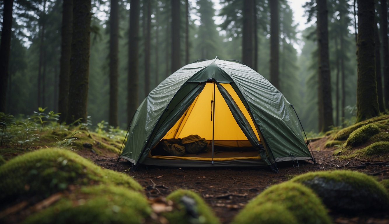 A figure constructs a simple shelter in a forest, then upgrades to a more complex rain protection system in a mountainous area