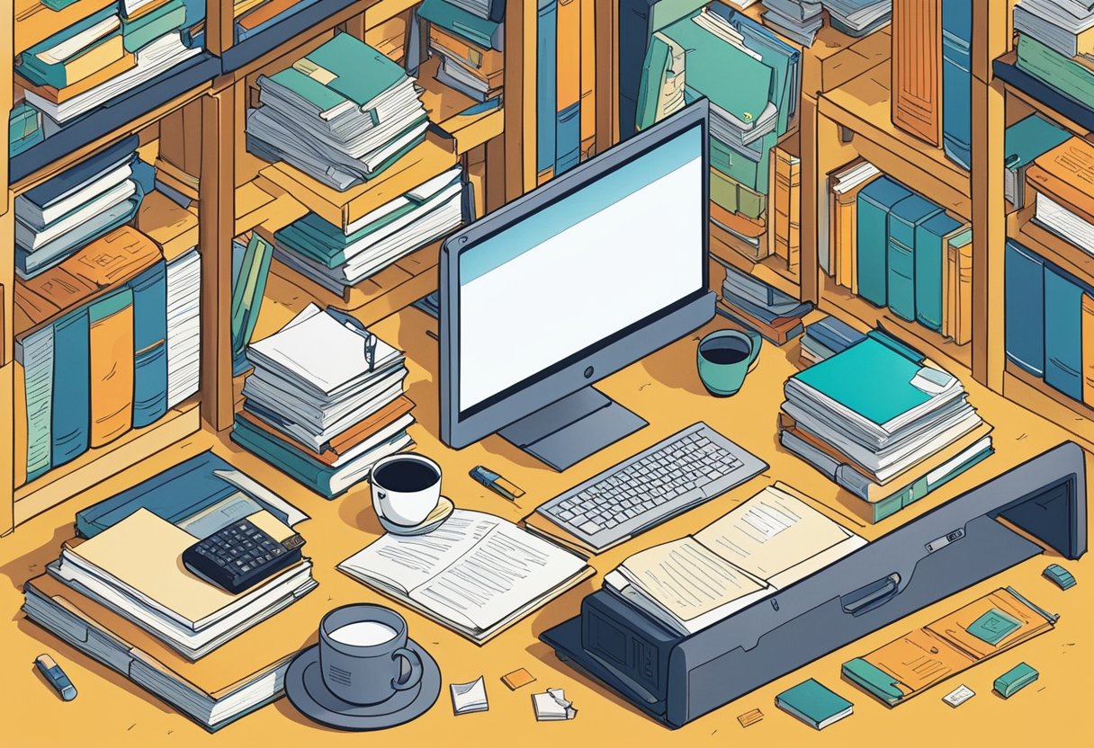 A cluttered desk with scattered papers and a mug, surrounded by shelves filled with books and binders. A computer screen displays a list of quotes