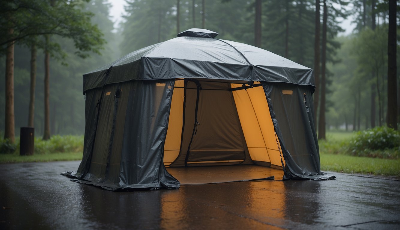 A basic shelter transforms into advanced rain protection. The structure evolves with added features for improved weather resistance