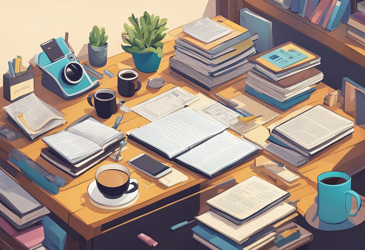 A cluttered desk with scattered papers, a cup of coffee, and a worn-out notebook. A framed photo of a family sits next to a stack of parenting books