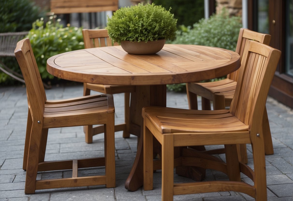 A sturdy oak table sits on a patio, weathering the elements. Nearby, a teak chair shows no signs of wear. Both are perfect examples of durable outdoor furniture