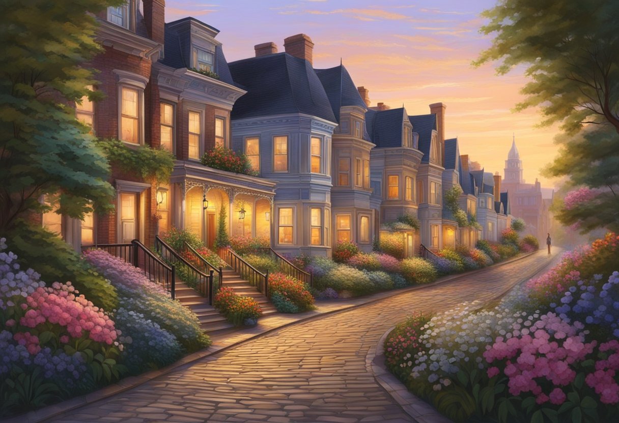 The sun sets over the cobblestone streets, casting a warm glow on the Victorian houses. Lush gardens overflow with colorful blooms, and the scent of saltwater lingers in the air